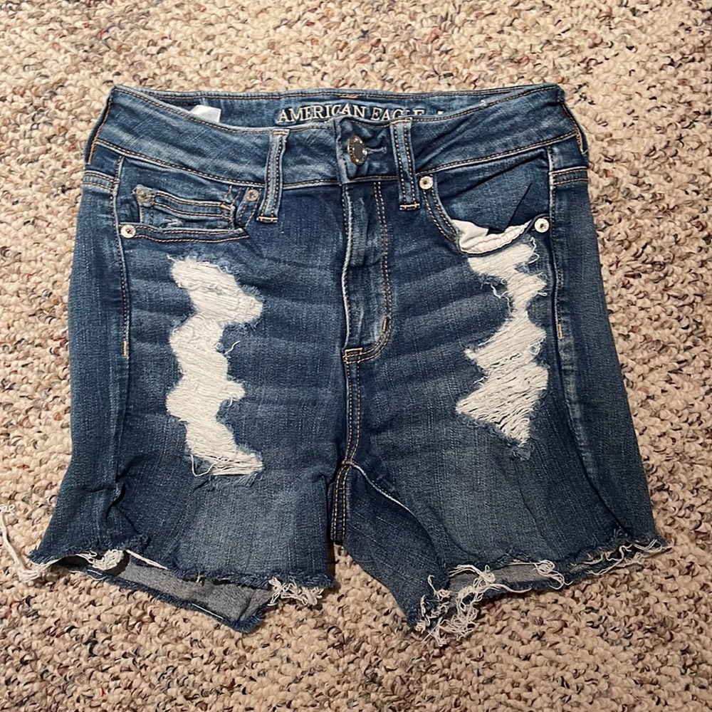 American Eagle Hi-Rise Shortie Blue Ripped Denim Shorts Size 4